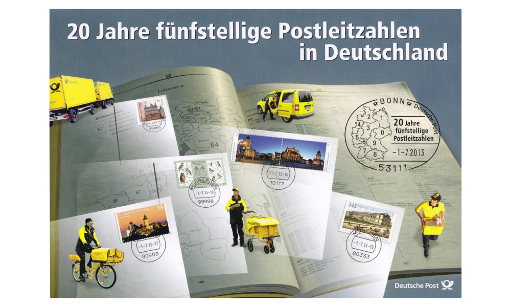 Gedenkset der Deutschen Post zum Thema "20 Jahre fuenfstellige Postleitzahlen in Deutschland" aus dem Jahr 2013.