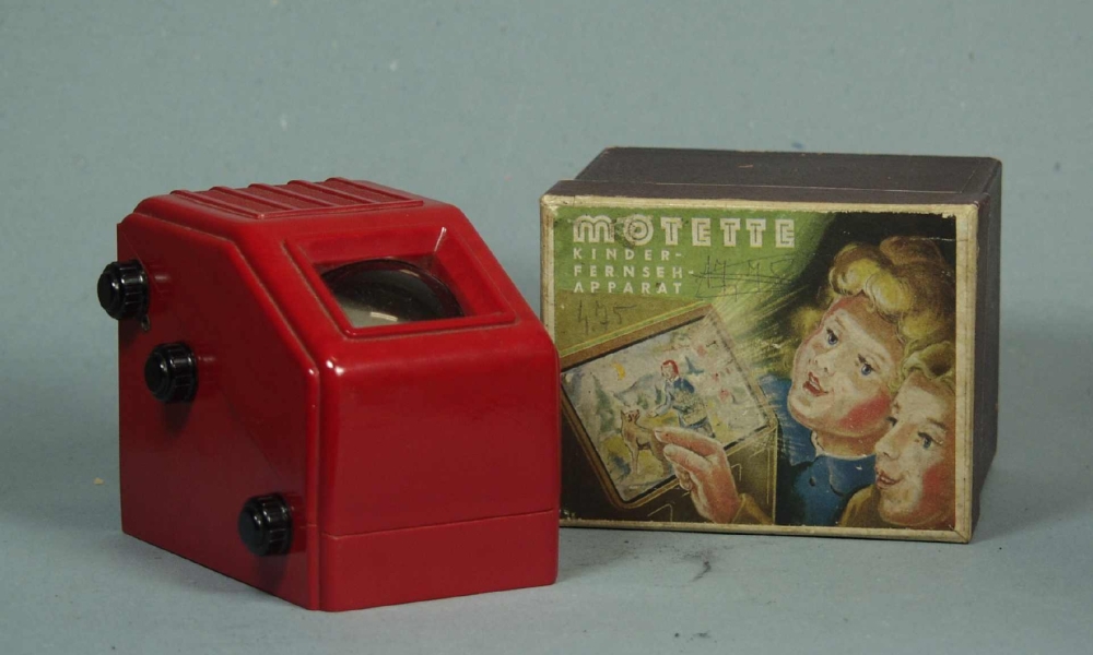 Spielzeugfernseher Bildbetrachter Motette Kinder-Fernseh-Apparat in Originalverpackung, 1950er Jahre